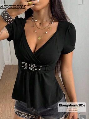 Black Short-Sleeve V-Neck Belted Peplum Blouse
